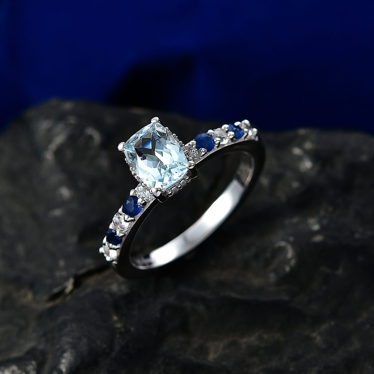 Royal Bali Collection - D'Joy Aquamarine, Blue Sapphire & White Zircon Solitaire Ring in Rhodium Overlay Sterling Silver 1.40 Ct.