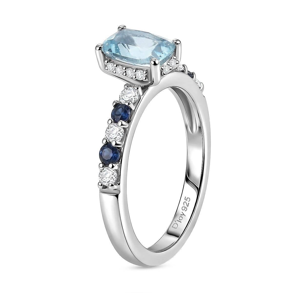 Royal Bali Collection - D'Joy Aquamarine, Blue Sapphire & White Zircon Solitaire Ring in Rhodium Overlay Sterling Silver 1.40 Ct.