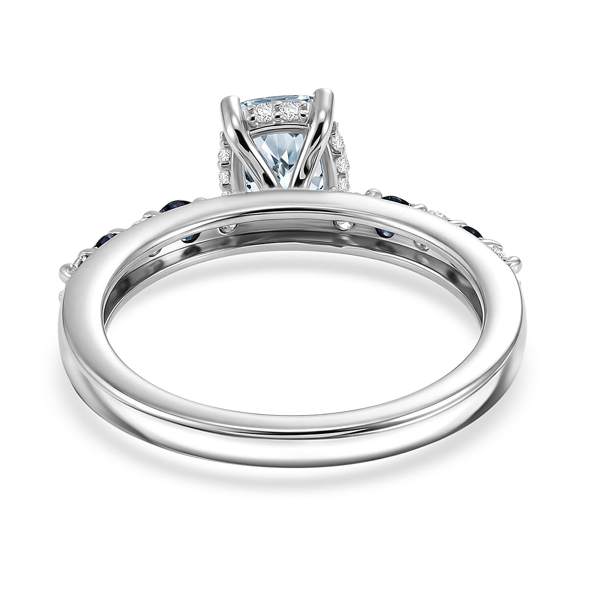 Royal Bali Collection - D'Joy Aquamarine, Blue Sapphire & White Zircon Solitaire Ring in Rhodium Overlay Sterling Silver 1.40 Ct.