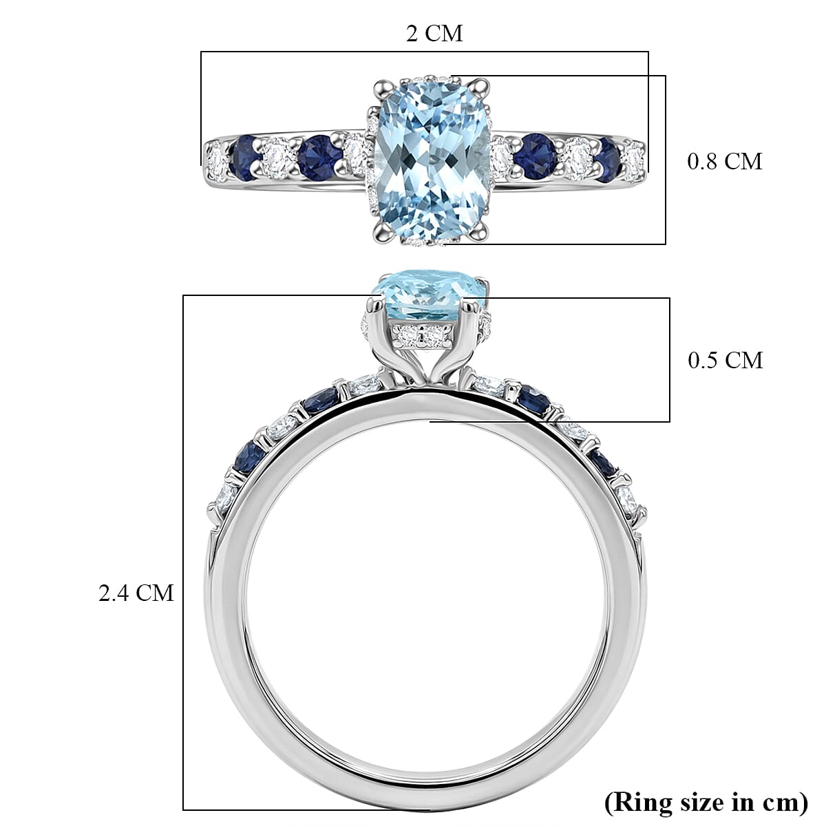 Royal Bali Collection - D'Joy Aquamarine, Blue Sapphire & White Zircon Solitaire Ring in Rhodium Overlay Sterling Silver 1.40 Ct.