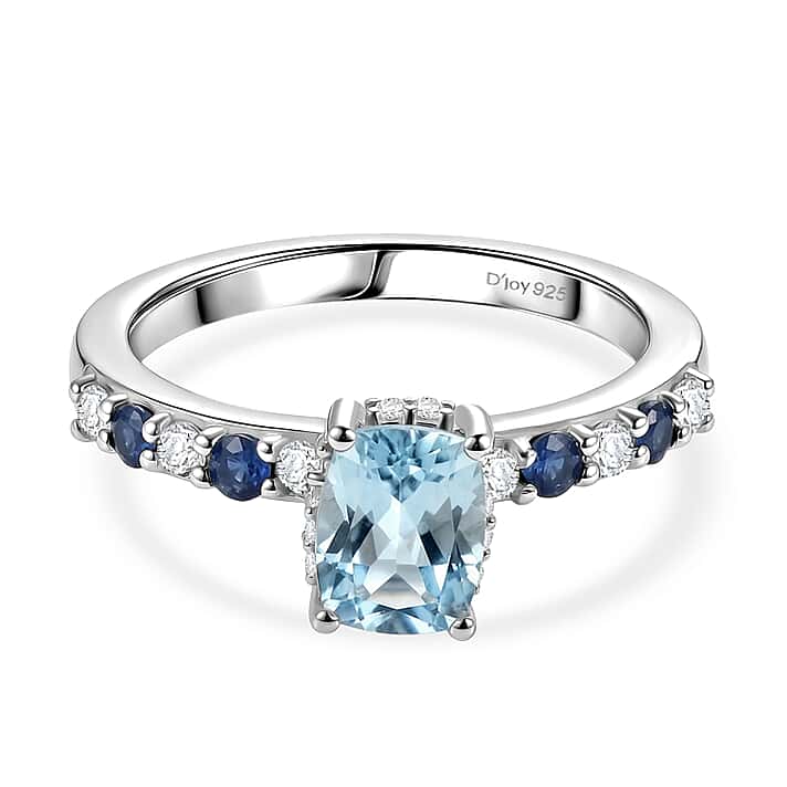 D'Joy Aquamarine, Blue Sapphire & White Zircon Solitaire Ring in Rhodium Overlay Sterling Silver 1.40 Ct.