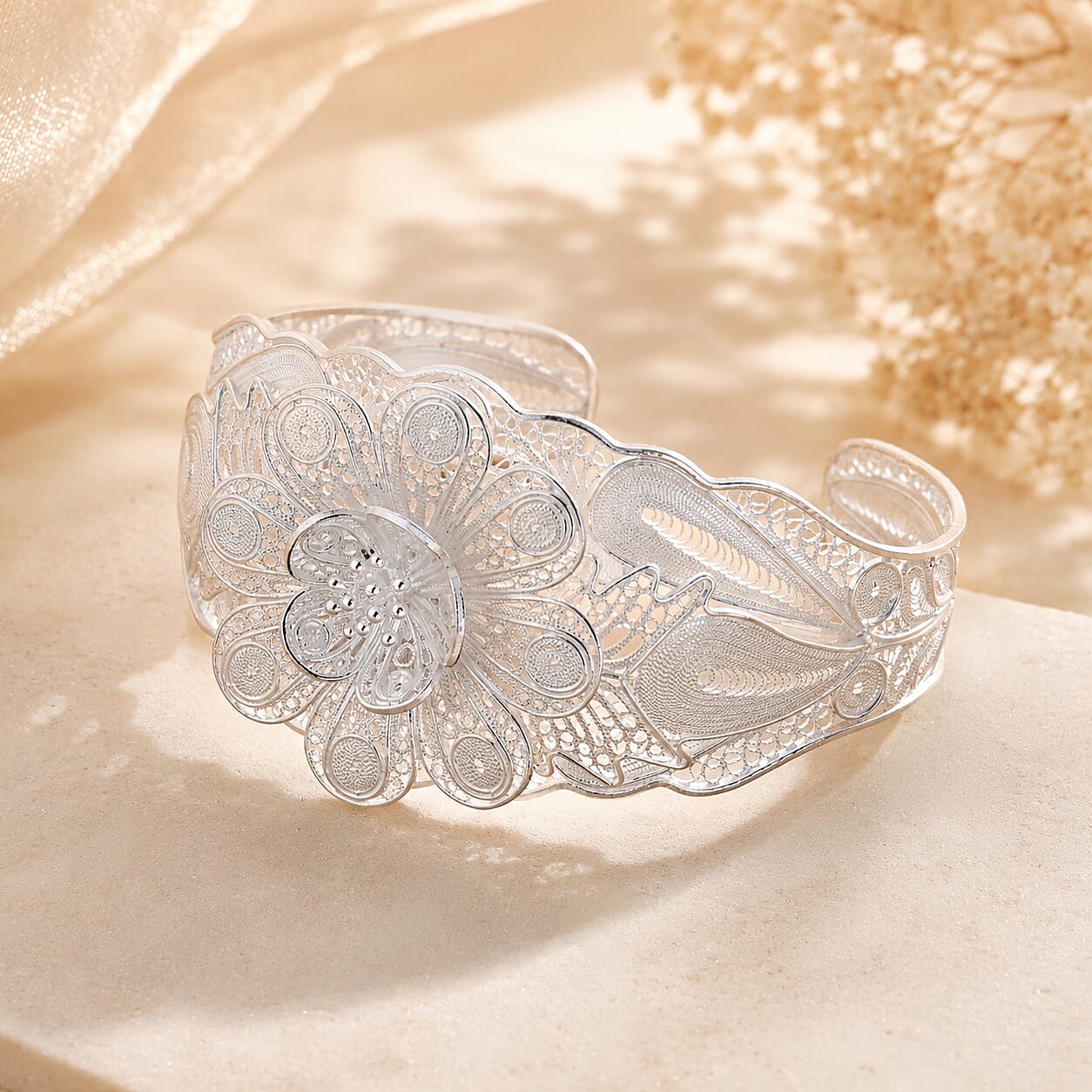 Royal Bali Collection - Sterling Silver Cuff Bangle (Size - 7.5), Silver Wt. 34.00 Gms