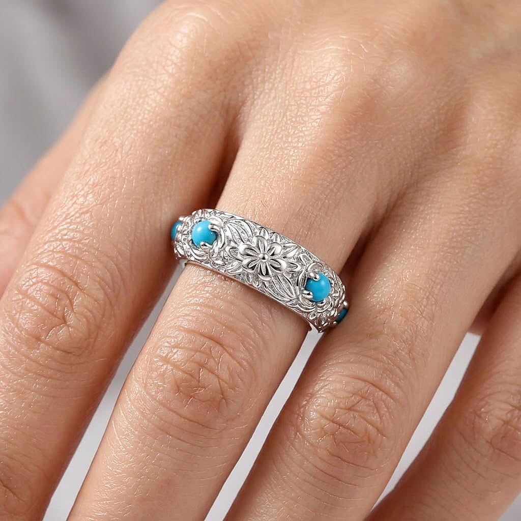 Royal Bali Collection - D'Joy Sleeping Beauty Turquoise Sterling Silver Floral Band Ring 0.50 Ct.