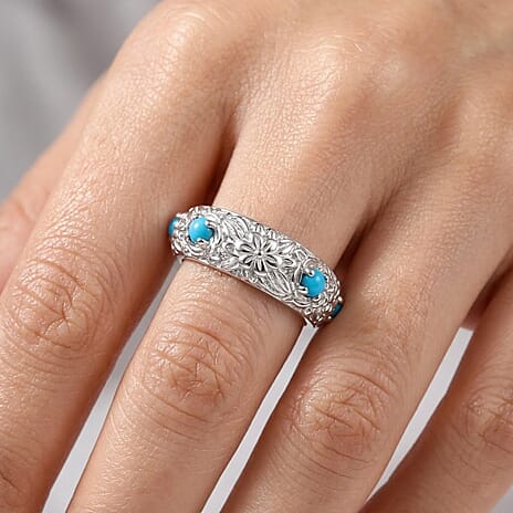 Royal Bali Collection - D'Joy Sleeping Beauty Turquoise Sterling Silver Floral Band Ring 0.50 Ct.
