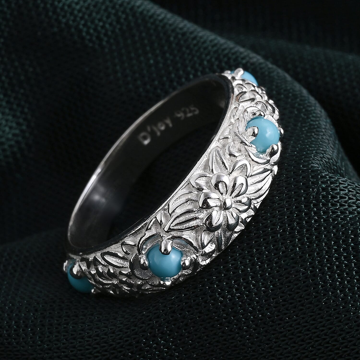 Royal Bali Collection - D'Joy Sleeping Beauty Turquoise Sterling Silver Floral Band Ring 0.50 Ct.
