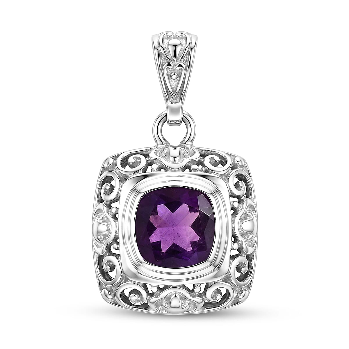 Royal Bali Collection - D'Joy African Amethyst Sterling Silver Cushion Cut Solitaire Pendant 2.40 Ct.