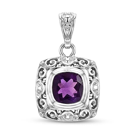 Royal Bali Collection - D'Joy African Amethyst Sterling Silver Cushion Cut Solitaire Pendant 2.40 Ct.
