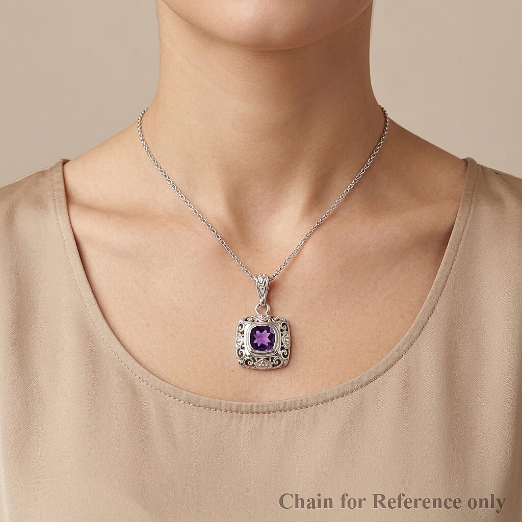 Royal Bali Collection - D'Joy African Amethyst Sterling Silver Cushion Cut Solitaire Pendant 2.40 Ct.