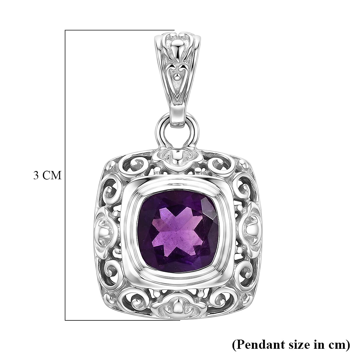 Royal Bali Collection - D'Joy African Amethyst Sterling Silver Cushion Cut Solitaire Pendant 2.40 Ct.
