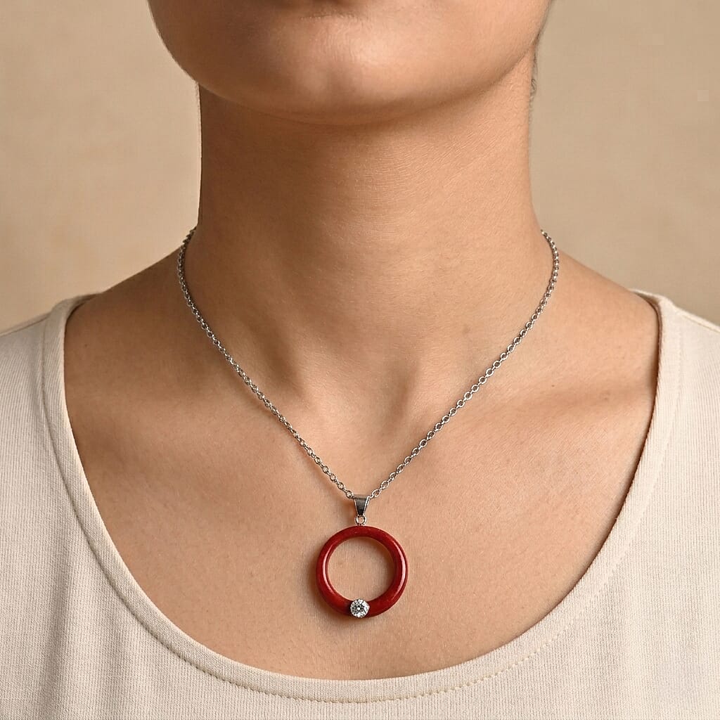 Royal Bali Collection - Moissanite & Red Coral Sterling Silver Circle Pendant 22.60 Ct.