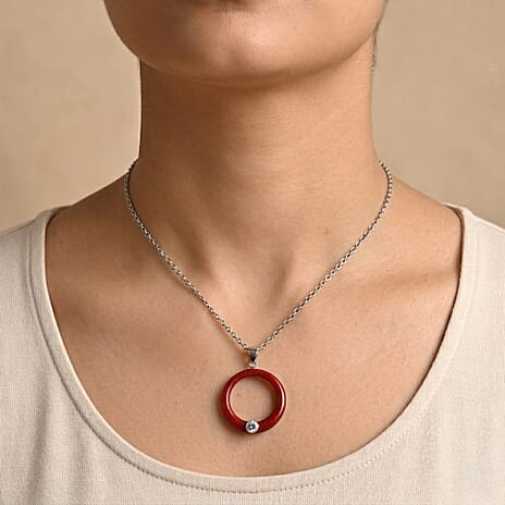 Royal Bali Collection - Moissanite & Red Coral Sterling Silver Circle Pendant 22.60 Ct.
