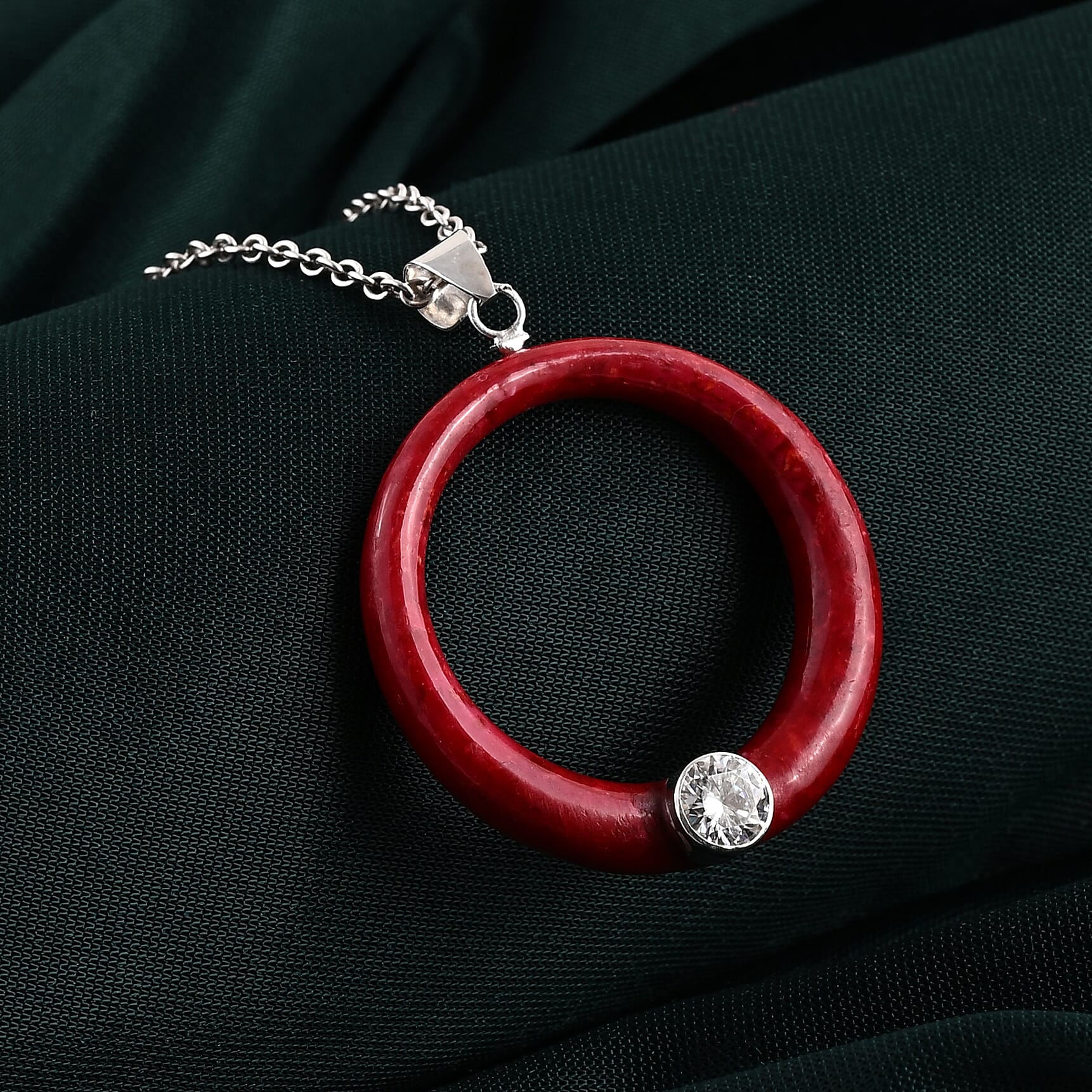 Royal Bali Collection - Moissanite & Red Coral Sterling Silver Circle Pendant 22.60 Ct.
