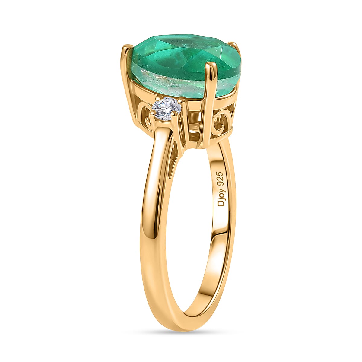 D'Joy Emeraldine Triplet Quartz & White Zircon Ring in Yellow Gold Plated Sterling Silver 3.15 Ct.