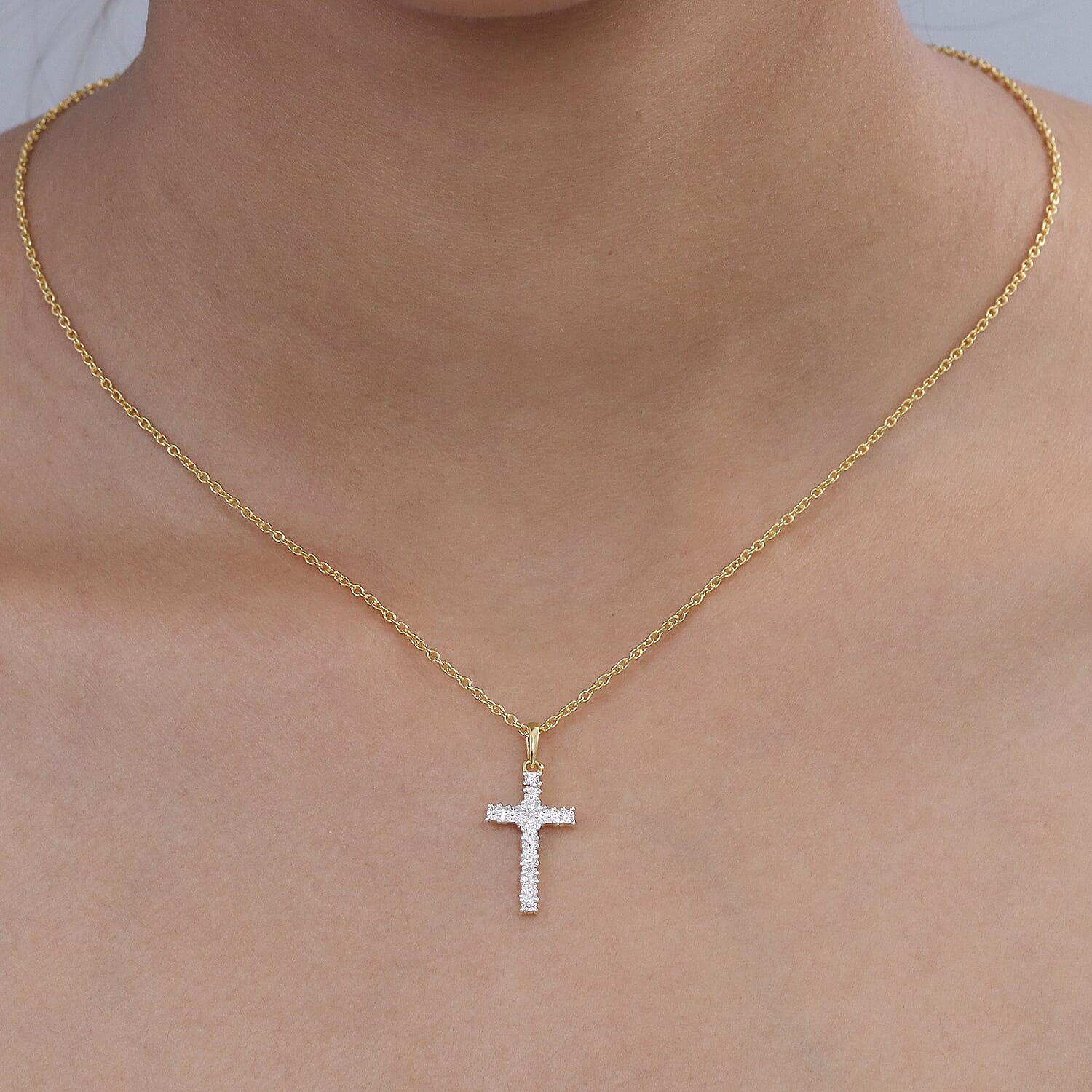 EverTrue White Diamond Cross Pendant in Yellow Gold Tone