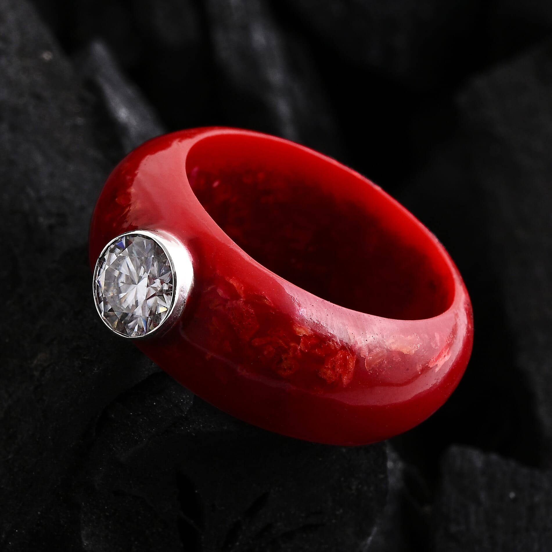 Royal Bali Collection - Moissanite & Red Coral Sterling Silver Band Ring 15.64 Ct.