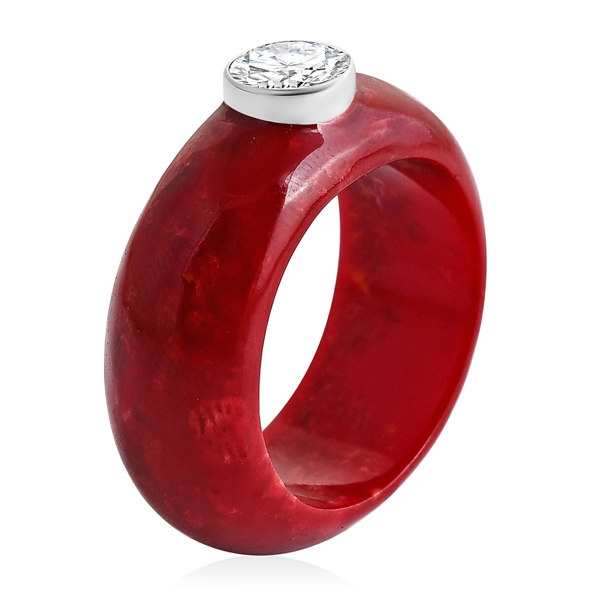 Royal Bali Collection - Moissanite & Red Coral Sterling Silver Band Ring 15.64 Ct.