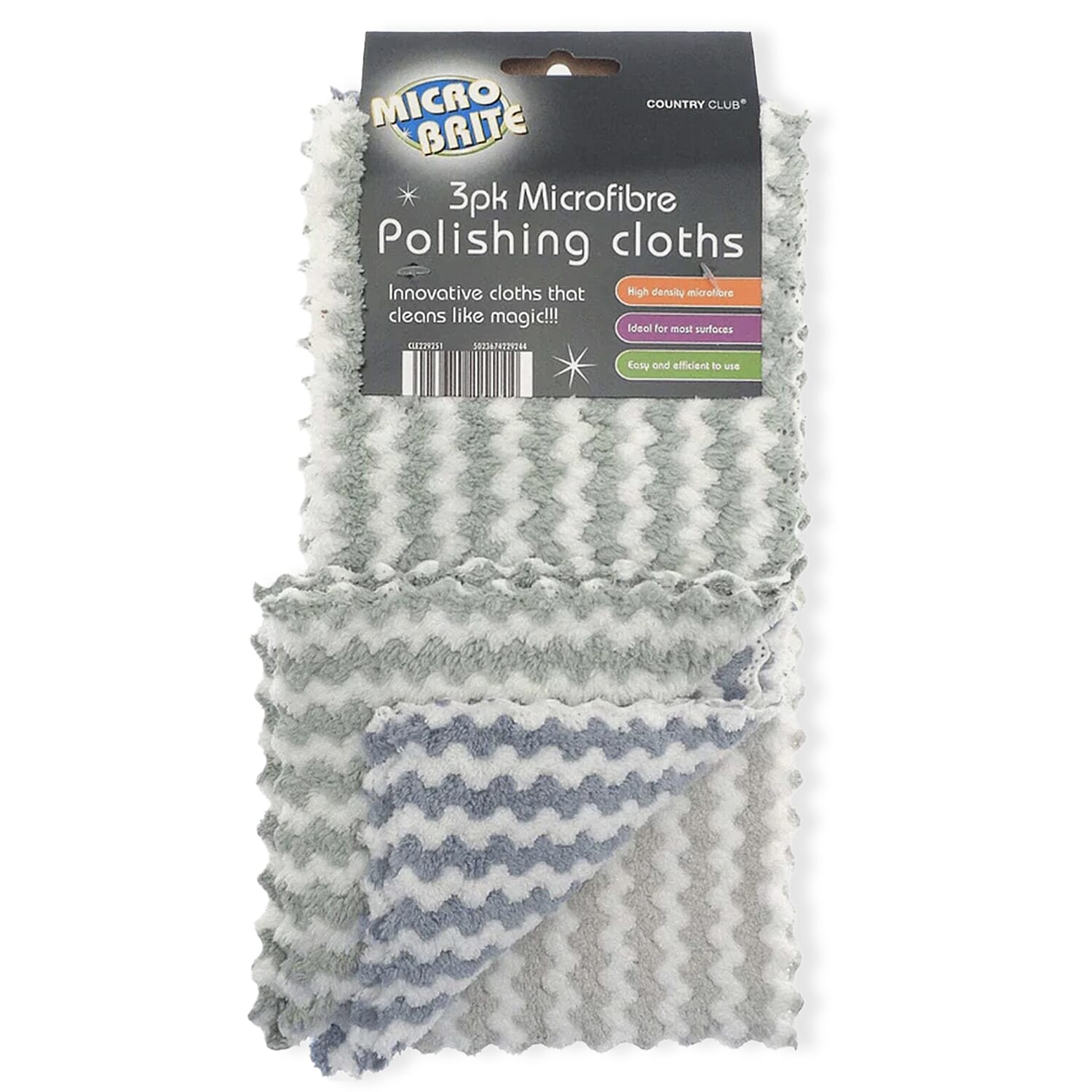Micro Brite 3-Pack Microfibre Zig Zag Streak Polishing Cloths - Grey & White
