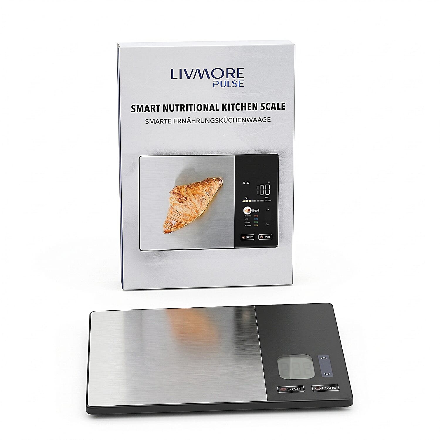 LIVMORE Smart Nutritional Kitchen Scale with 2feat TFT Colour Screen - Bluetooth Macro & Calorie Tracker App Scale for Meal Prep, 5kg-11lb Capacity (230x160x17mm)