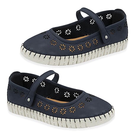 Lotus Aurelia Laser Cut Floral Mary Jane Ballerina Shoes (Size 5) - Navy