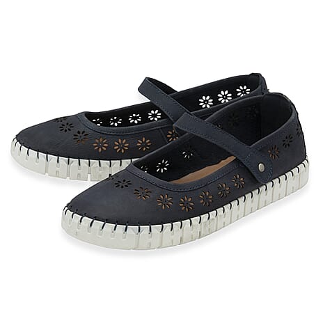 Lotus Aurelia Laser Cut Floral Mary Jane Ballerina Shoes (Size 7) - Navy