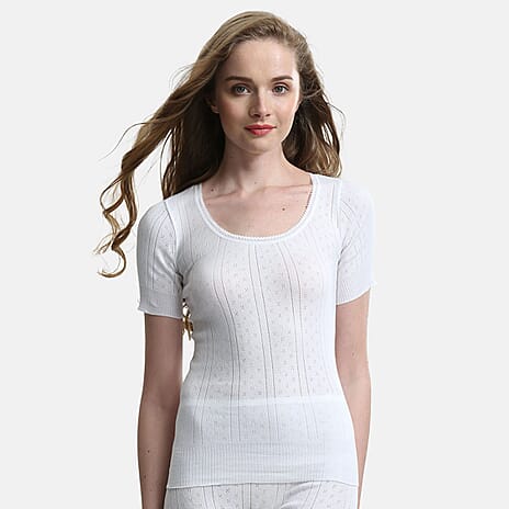 White Swans Ladies 100% Cotton Classic Pointelle Knit Short Sleeve Top (Size XXL)