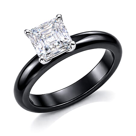 D'Joy - Moissanite & Boots Black Jade (EN) Solitaire Band Ring in Rhodium Overlay Sterling Silver 2.00 Ct. D'Joy - Moissanite & Boots Black Jade (EN) Solitaire Band Ring in Rhodium Overlay Sterling Silver 2.00 Ct.
