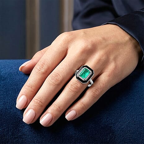 D'Joy Emeraldine Triplet Quartz & White Zircon Halo Ring in Rhodium Overlay Sterling Silver 2.14 Ct.