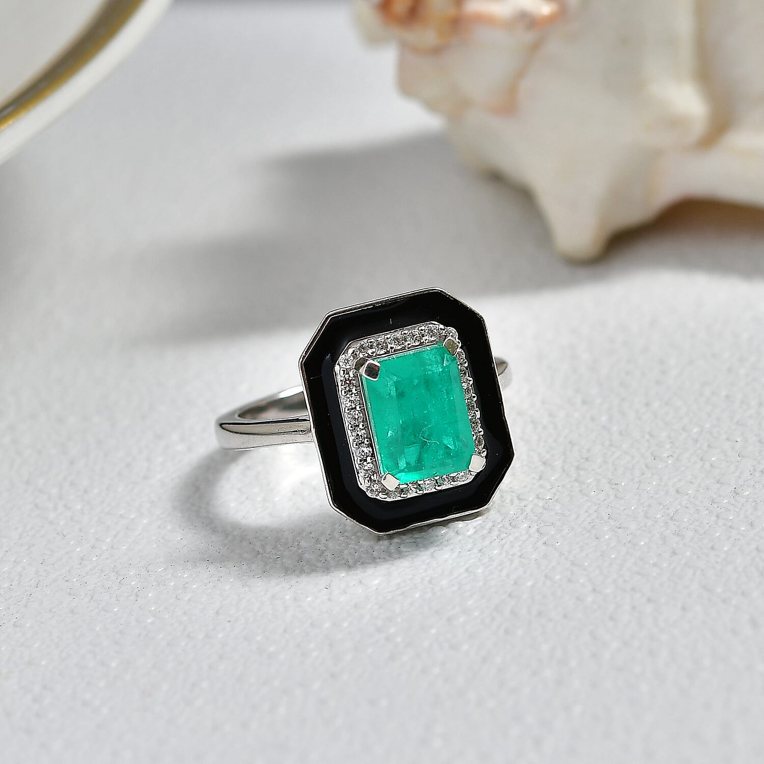 D'Joy Emeraldine Triplet Quartz & White Zircon Ring in Rhodium Overlay Sterling Silver 2.14 Ct.