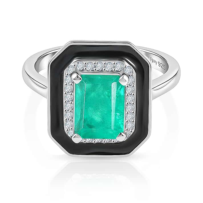 D'Joy Emeraldine Triplet Quartz & White Zircon Halo Ring in Rhodium Overlay Sterling Silver 2.14 Ct.