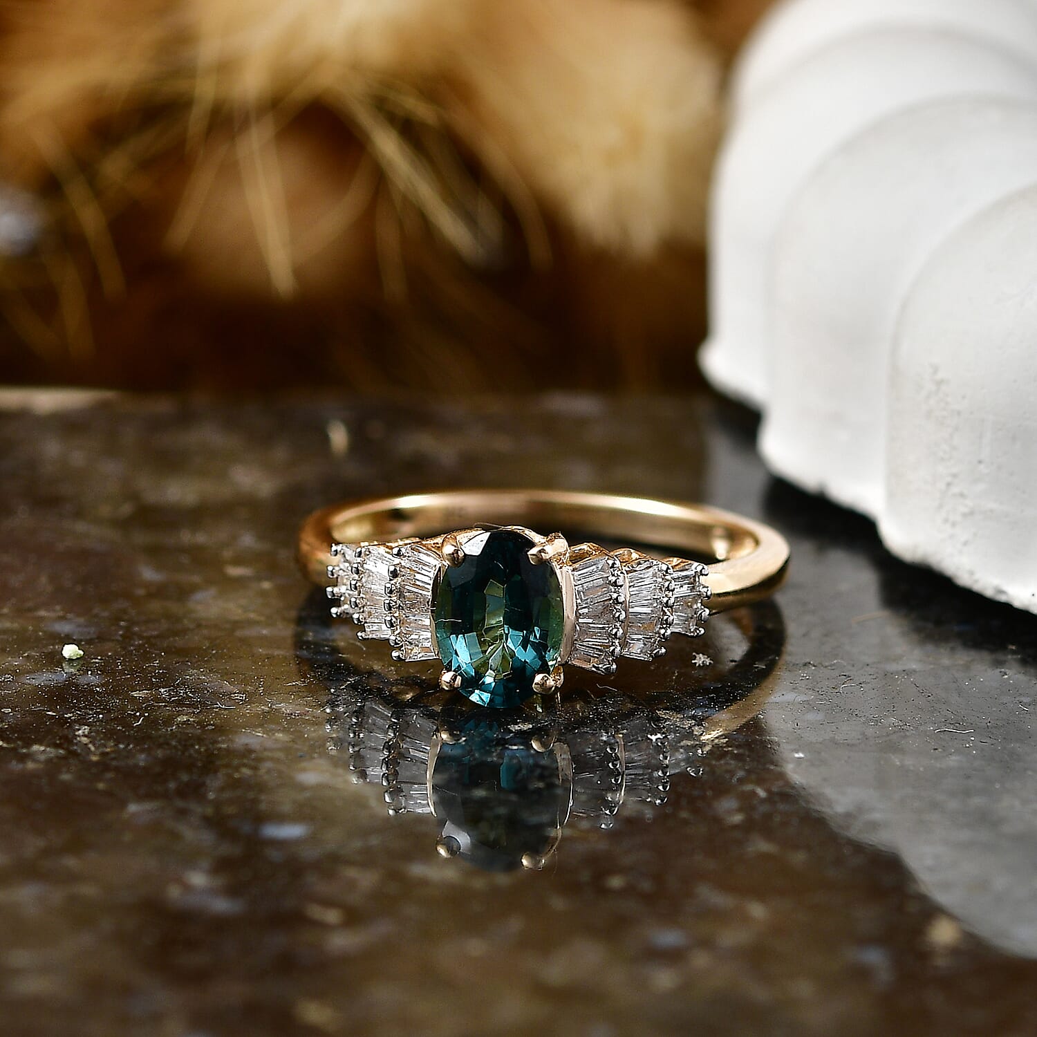 9K Yellow Gold AAA Indicolite, White Diamond Ring, Gold Wt.1.97 Gms  1.00 Ct.