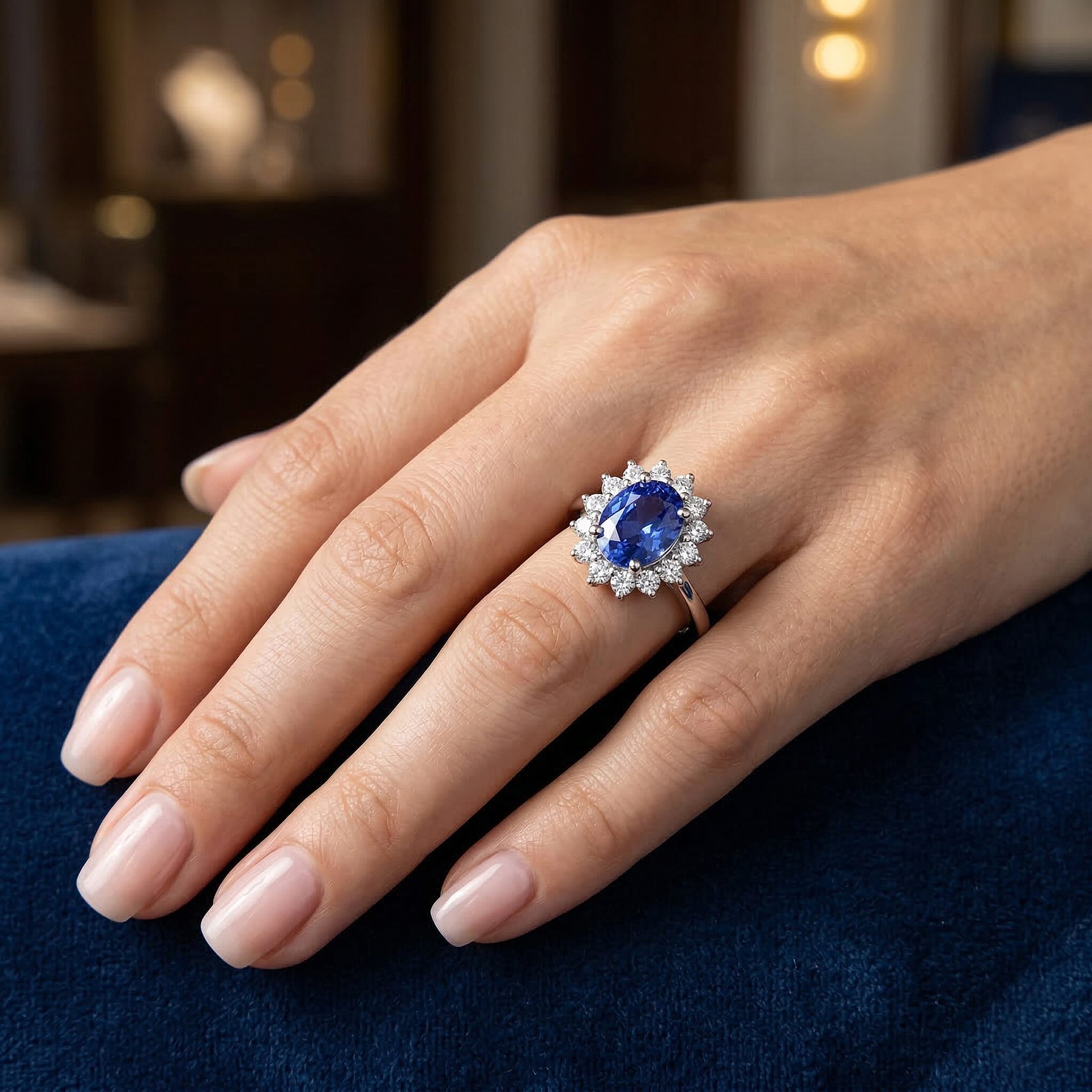 Luxuriant Tanzanite & SI-G-H Lab Grown Diamond Oval Cut Halo Ring in Rhodium Overlay Sterling Silver 1.73 Ct.