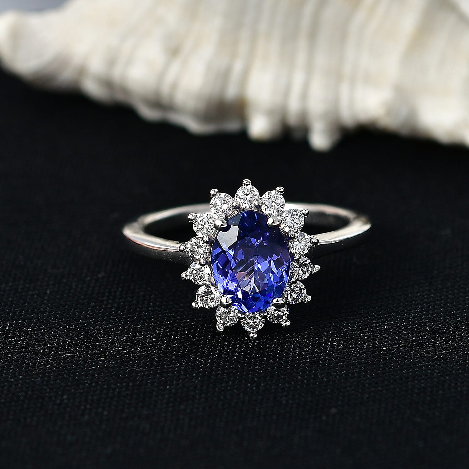Luxuriant Tanzanite & SI-G-H Lab Grown Diamond Oval Cut Halo Ring in Rhodium Overlay Sterling Silver 1.73 Ct.