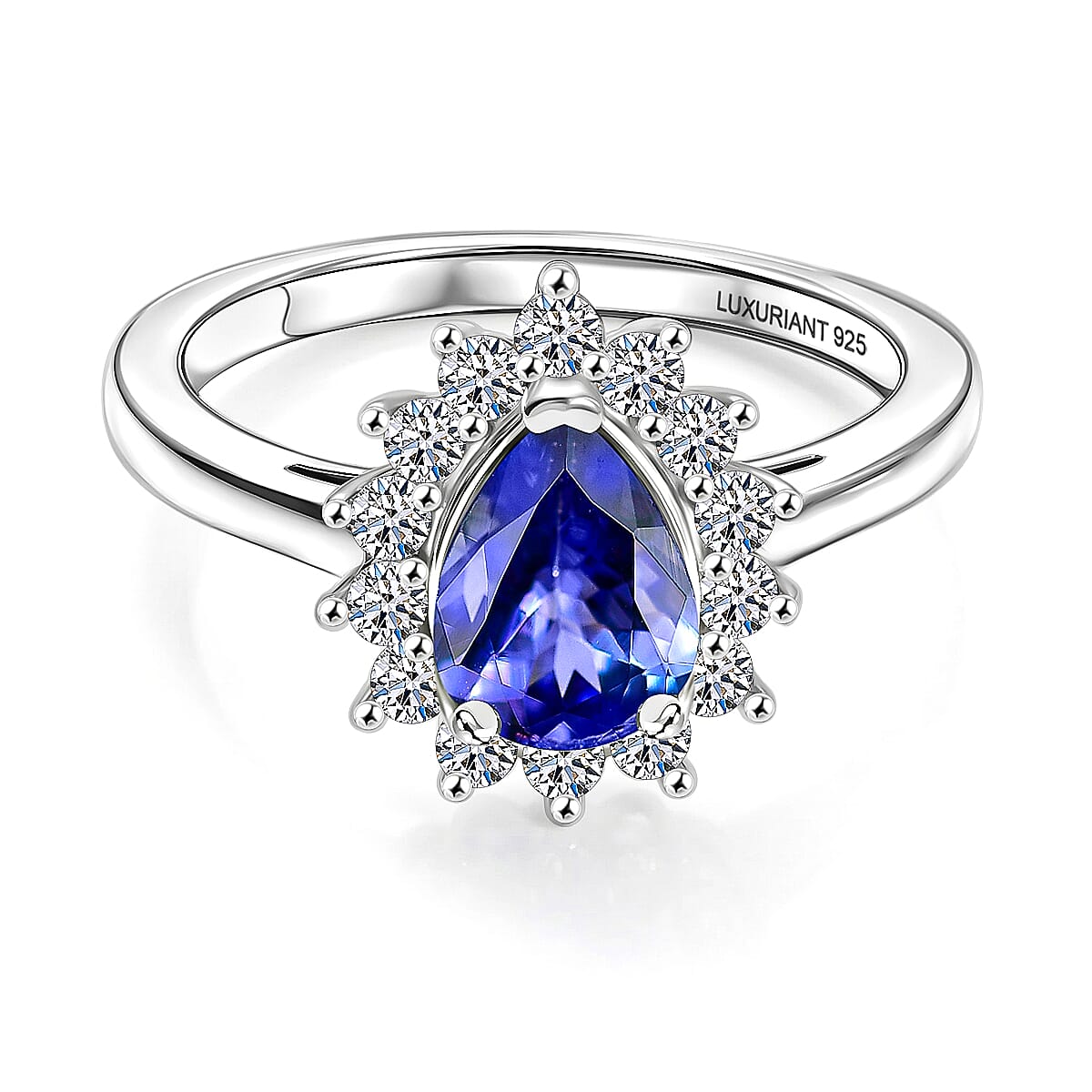 Luxuriant Tanzanite & SI-G-H Lab Grown Diamond Sunburst Halo Ring in Rhodium Overlay Sterling Silver 1.52 Ct.