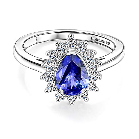 Luxuriant Tanzanite & SI-G-H Lab Grown Diamond Sunburst Halo Ring in Rhodium Overlay Sterling Silver 1.52 Ct.
