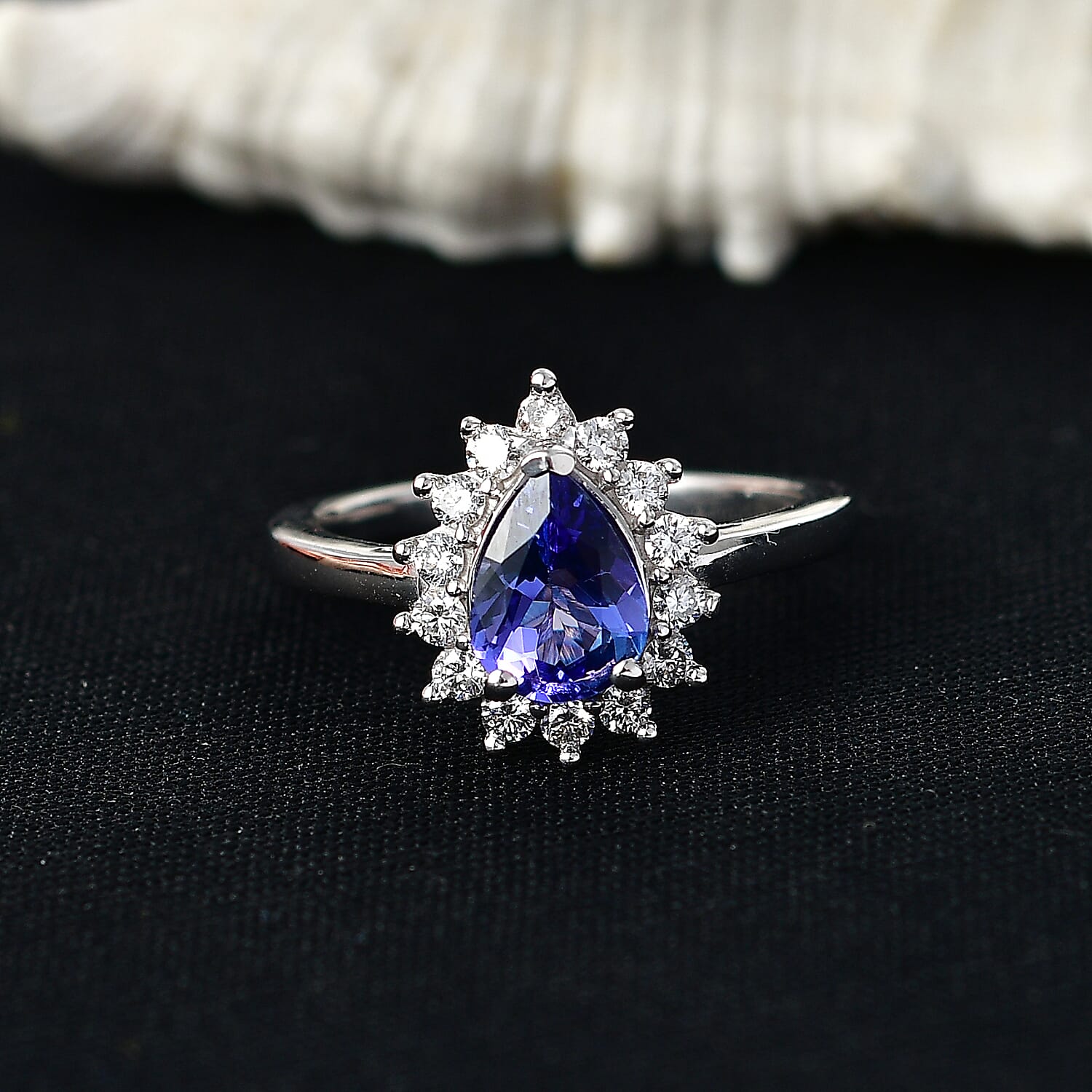 Luxuriant Tanzanite & SI-G-H Lab Grown Diamond Sunburst Halo Ring in Rhodium Overlay Sterling Silver 1.52 Ct.