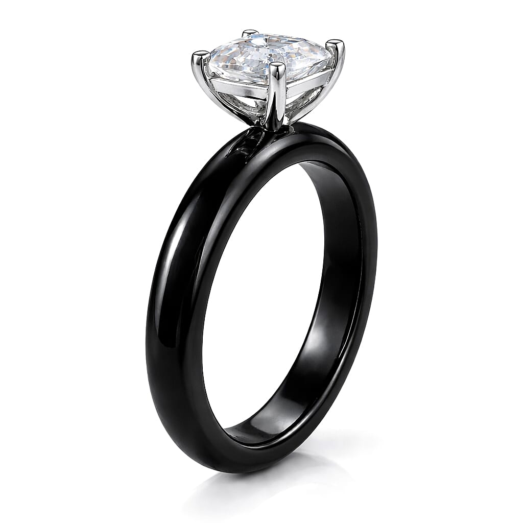 D'Joy - GRA Certified Moissanite & Boots Black Jade (EN) Solitaire Band Ring in Rhodium Overlay Sterling Silver 2.00 Ct.