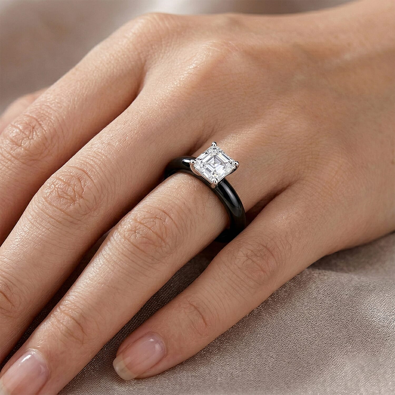 D'Joy - GRA Certified Moissanite & Dyed Black Jade Solitaire Band Ring in Sterling Silver 15.32 Ct.