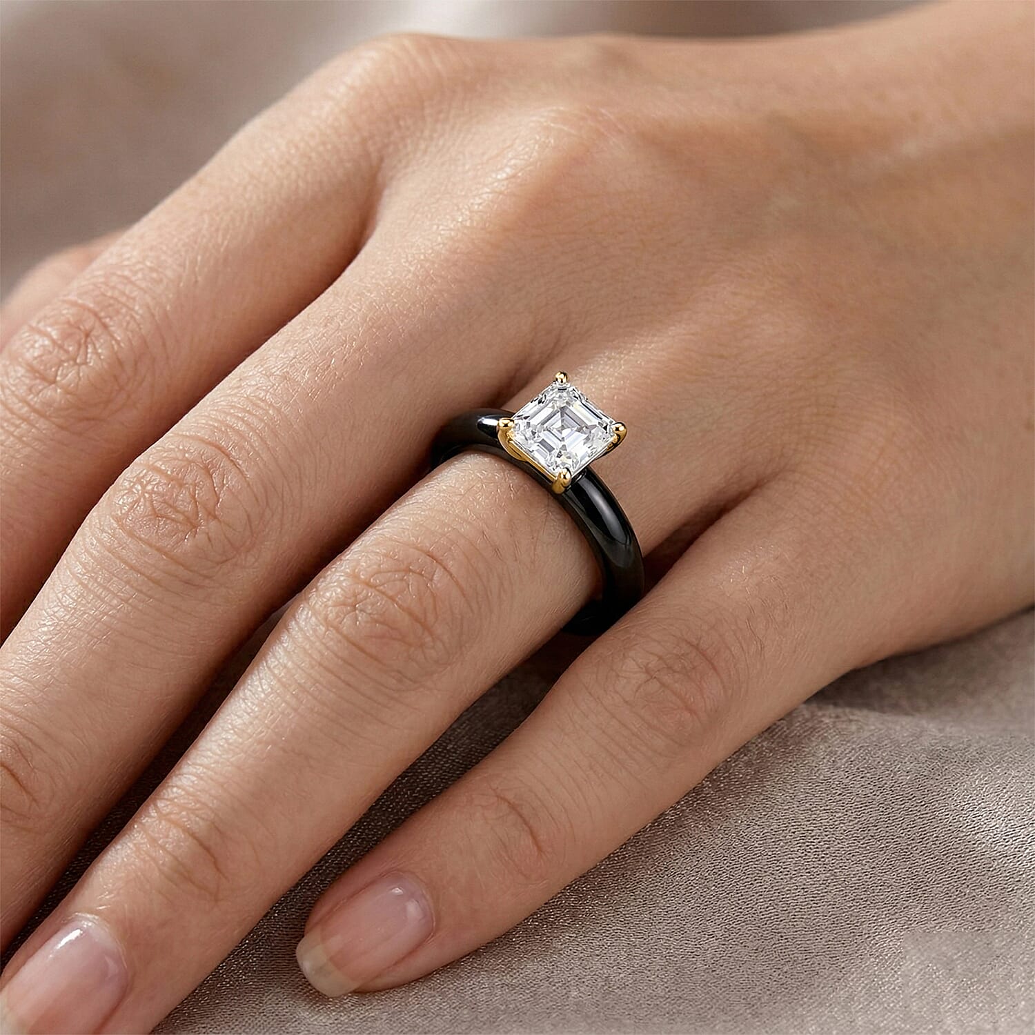 D'Joy - GRA Certified Moissanite & Dyed Black Jade Solitaire Band Ring in Sterling Silver 15.32 Ct.