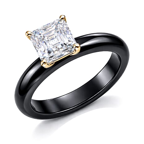 D'Joy - Moissanite & Boots Black Jade Solitaire Band Ring in Yellow Gold Plated Sterling Silver 2.00 Ct.