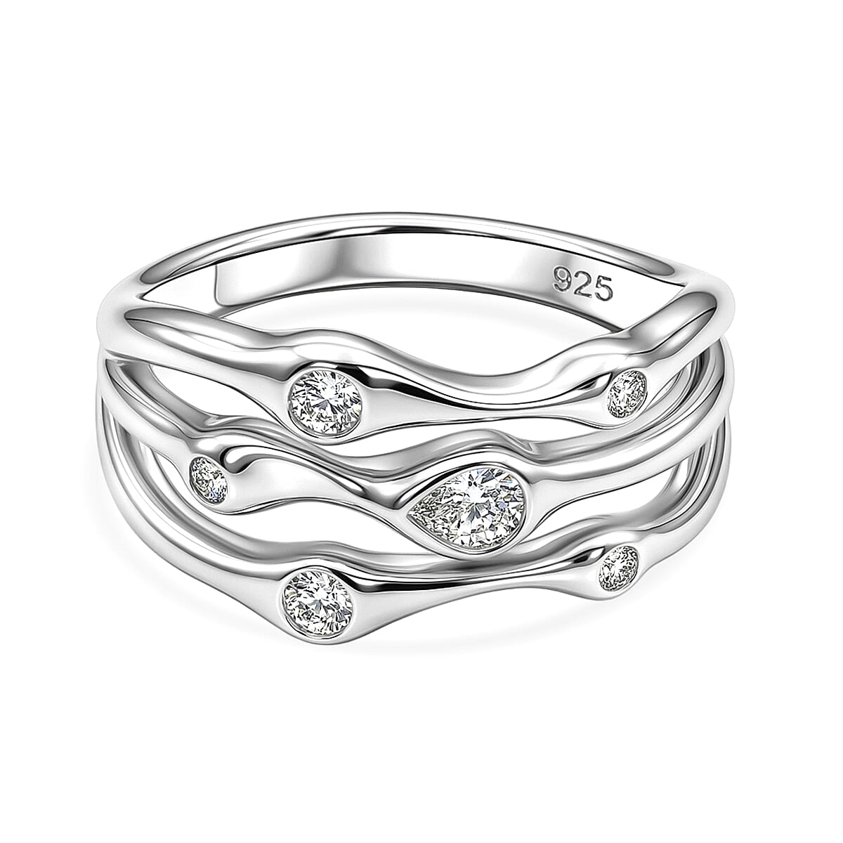 D'Joy GRA Certified Moissanite D-VVS1 Multi-Layer Wave Ring in Rhodium Overlay Sterling Silver