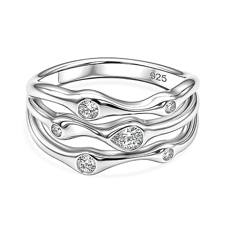 D'Joy GRA Certified Moissanite D-VVS1 Multi-Layer Wave Ring in Rhodium Overlay Sterling Silver