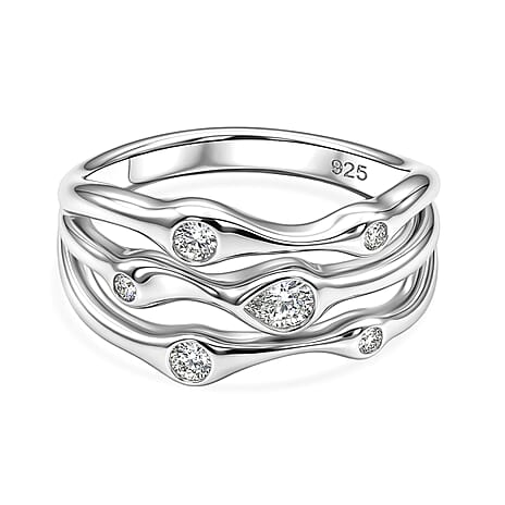 D'Joy GRA Certified Moissanite D-VVS1 Multi-Layer Wave Ring in Rhodium Overlay Sterling Silver