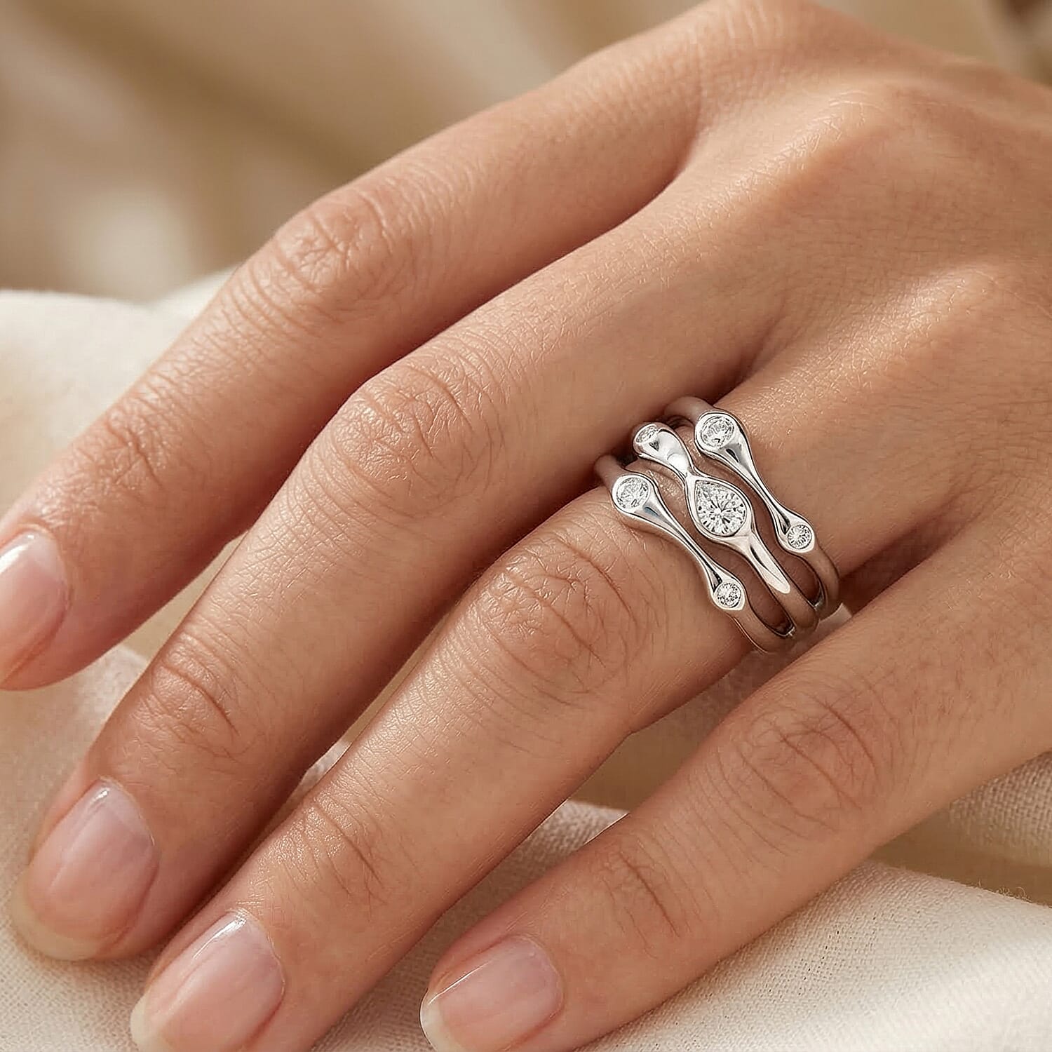 D'Joy GRA Certified Moissanite D-VVS1 Multi-Layer Wave Ring in Rhodium Overlay Sterling Silver