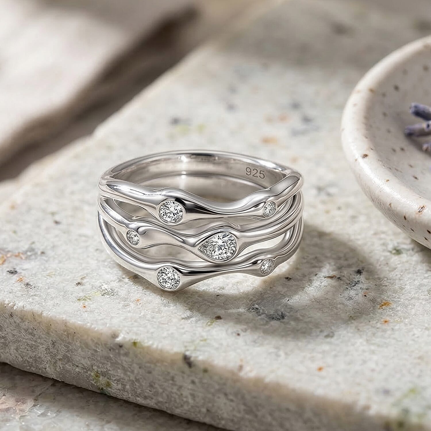 D'Joy GRA Certified Moissanite D-VVS1 Multi-Layer Wave Ring in Rhodium Overlay Sterling Silver