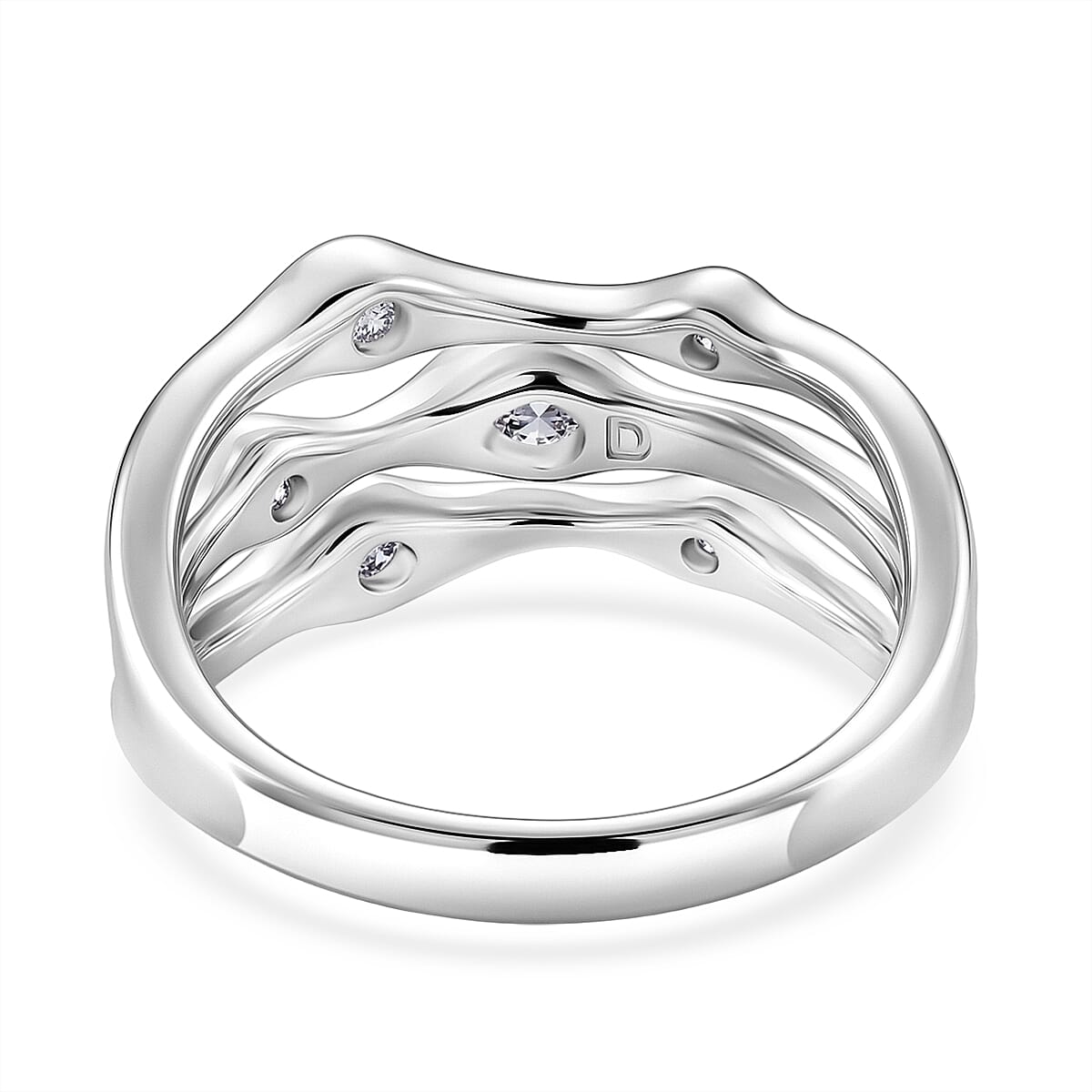 D'Joy GRA Certified Moissanite D-VVS1 Multi-Layer Wave Ring in Rhodium Overlay Sterling Silver