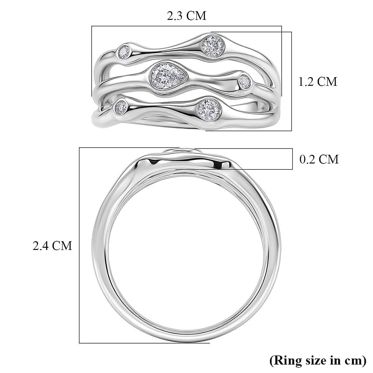 D'Joy GRA Certified Moissanite D-VVS1 Multi-Layer Wave Ring in Rhodium Overlay Sterling Silver
