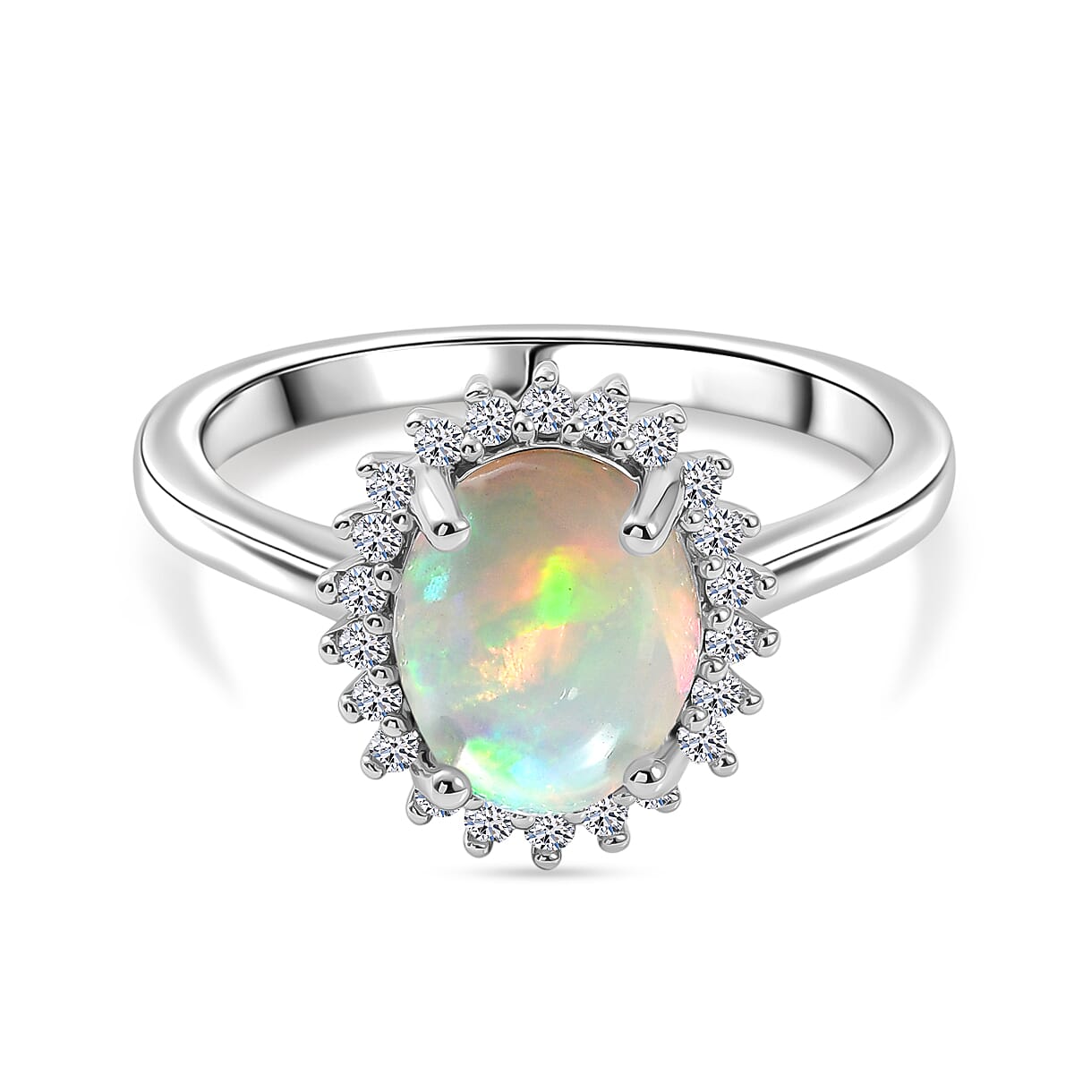 Ethiopian Opal & SI-G-H Lab Grown Diamond Halo Ring in Platinum Overlay Sterling Silver 1.45 Ct.