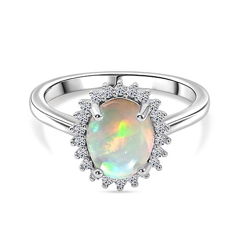 Ethiopian Opal & SI-G-H Lab Grown Diamond Halo Ring in Platinum Overlay Sterling Silver 1.45 Ct.