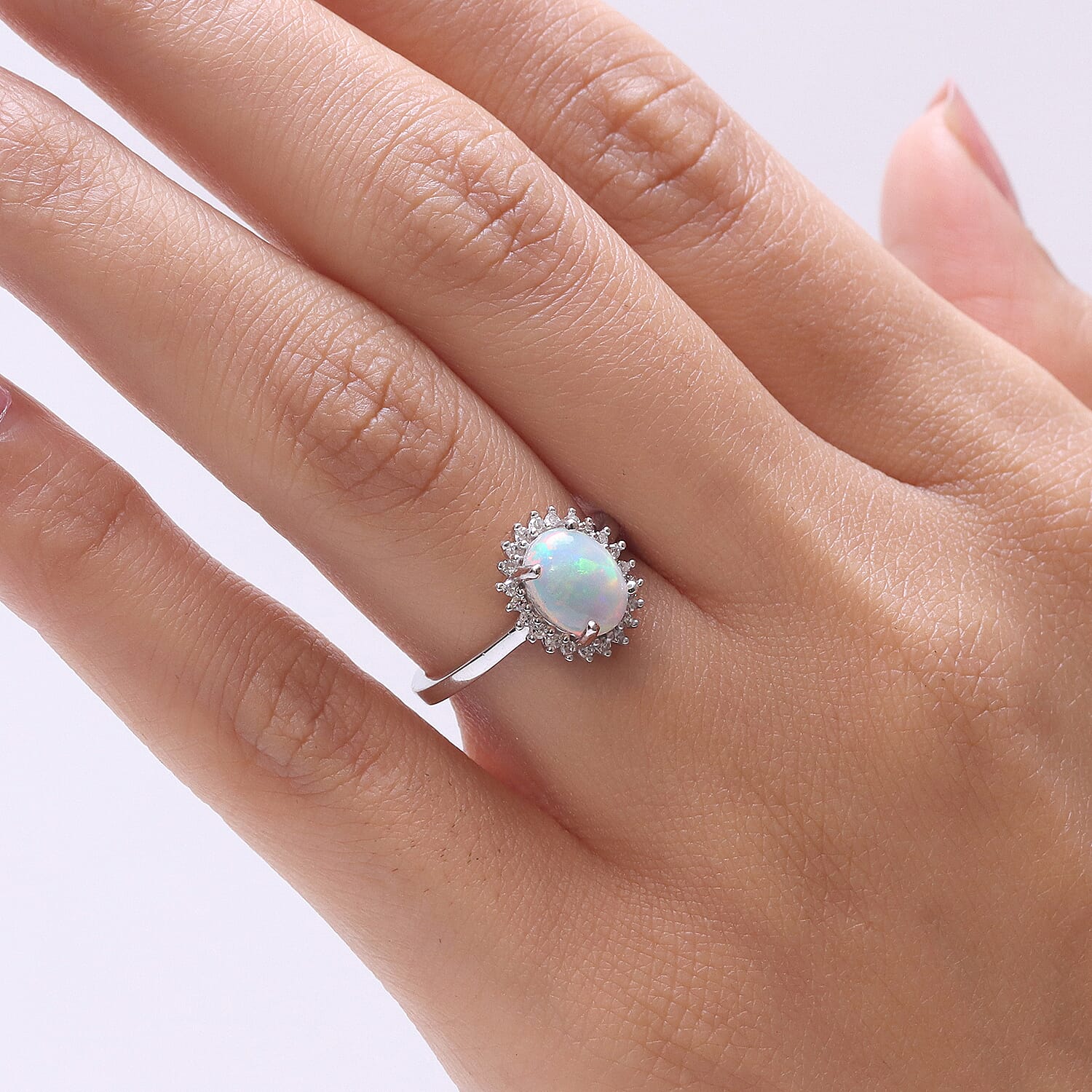 Ethiopian Opal & SI-G-H Lab Grown Diamond Halo Ring in Platinum Overlay Sterling Silver 1.45 Ct.