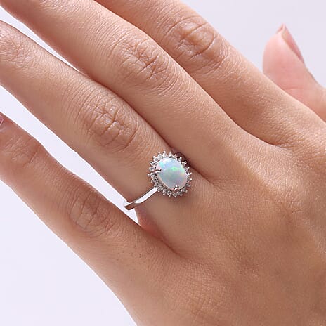 Ethiopian Opal & SI-G-H Lab Grown Diamond Halo Ring in Platinum Overlay Sterling Silver 1.45 Ct.